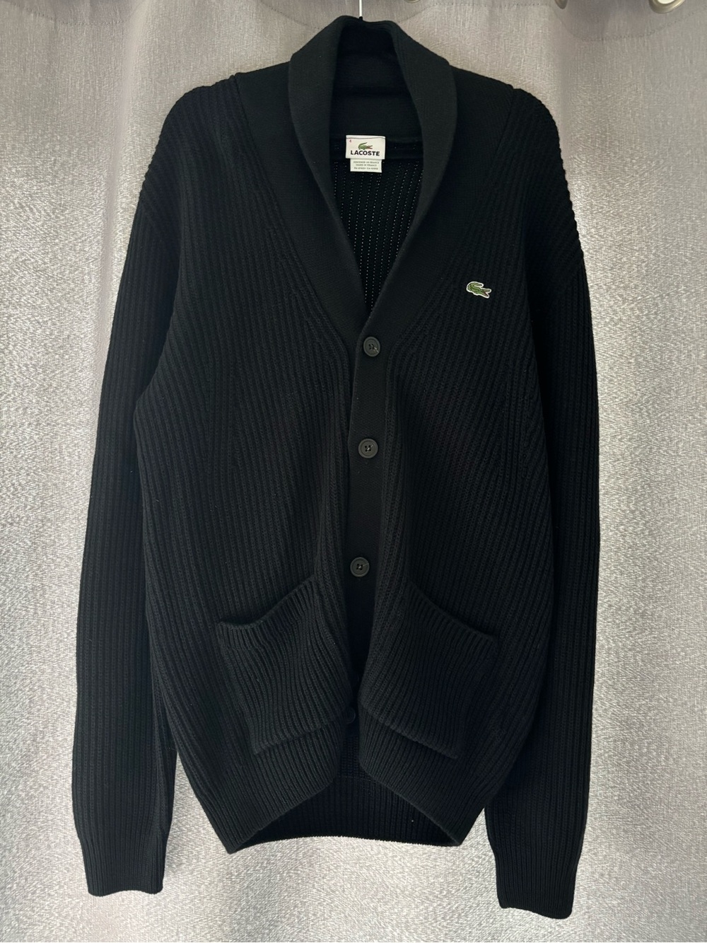 Lacoste Men's Black Shawl Collar Cardigan, Wool and Cotton Blend, Size M